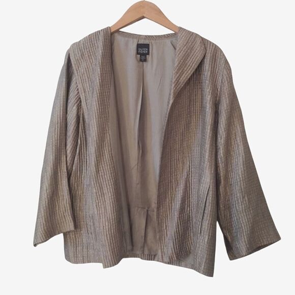 Eileen Fisher Women's Size Medium Silver Silk Blend Open Front Cardigan Jacket - Picture 3 of 12
